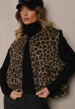 Brązowa Kamizelka z Dodatkiem Lnu Oversize w Panterkę Enarielin