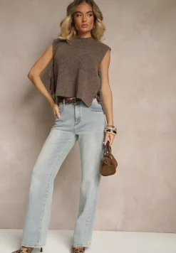 Brązowa Kamizelka z Dzianiny z Wełną i Wiskozą Zdobiona Wiązaniami Annivoriae