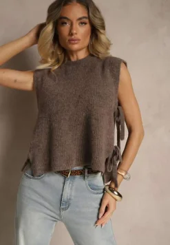 Brązowa Kamizelka z Dzianiny z Wełną i Wiskozą Zdobiona Wiązaniami Annivoriae