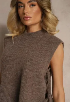 Brązowa Kamizelka z Dzianiny z Wełną i Wiskozą Zdobiona Wiązaniami Annivoriae