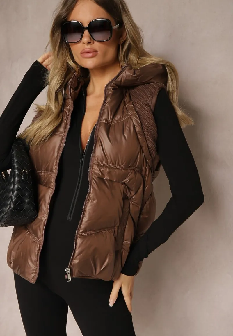 Brązowa Kamizelka z Kapturem Wykończona Ściągaczami Timamar