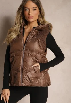 Brązowa Kamizelka z Kapturem Wykończona Ściągaczami Timamar