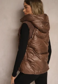 Brązowa Kamizelka z Kapturem Wykończona Ściągaczami Timamar
