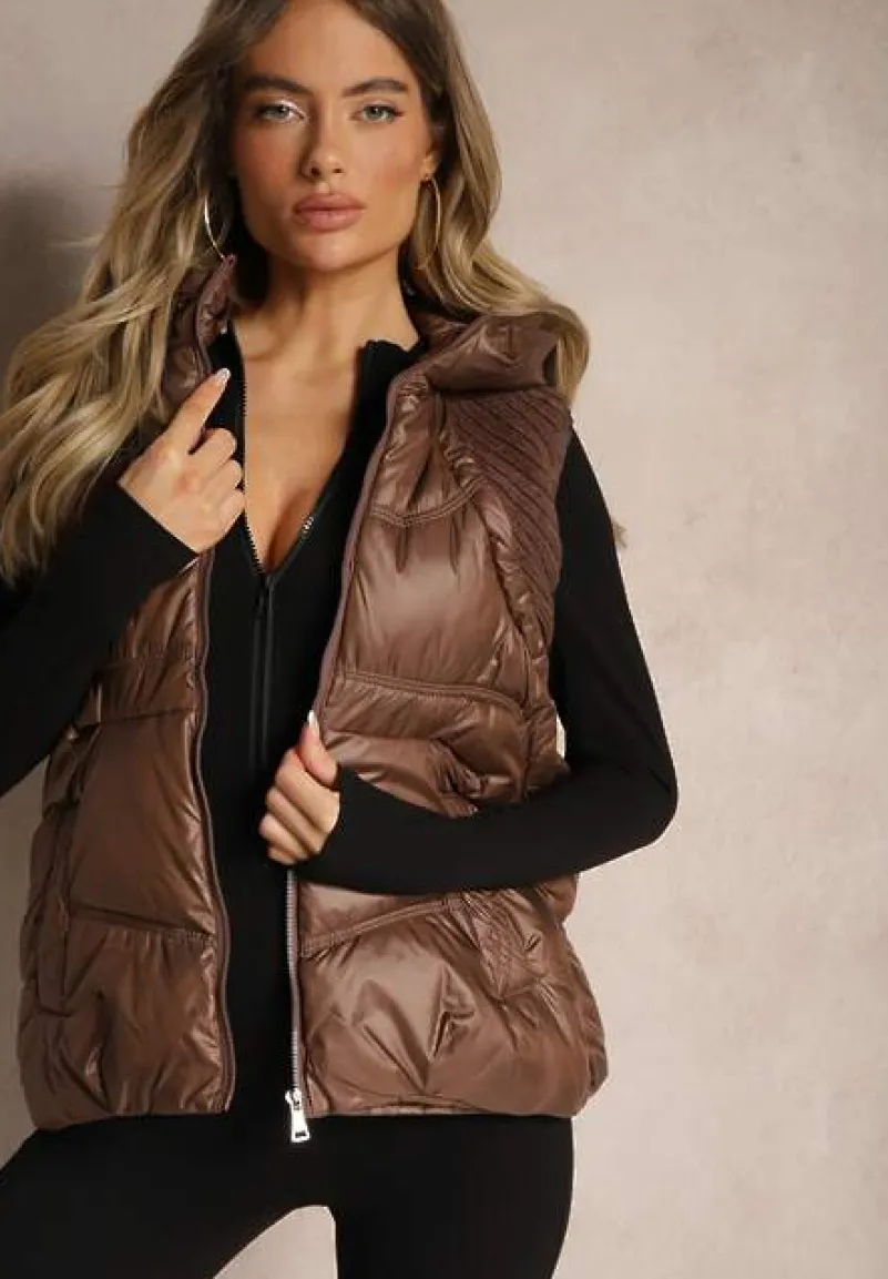 Brązowa Kamizelka z Kapturem Wykończona Ściągaczami Timamar