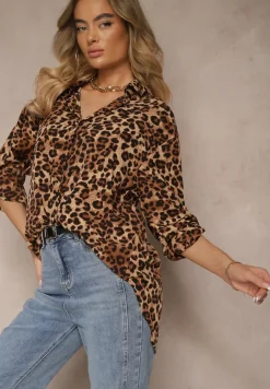 Brązowa Koszula w Panterkę z Bawełną z Rękawami z Regulacją Preadia