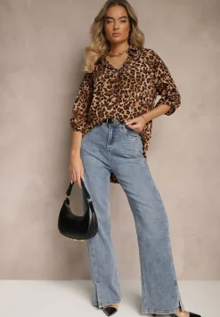 Brązowa Koszula w Panterkę z Bawełną z Rękawami z Regulacją Preadia