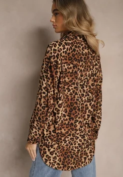 Brązowa Koszula w Panterkę z Bawełną z Rękawami z Regulacją Preadia