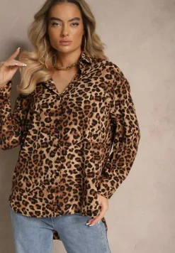 Brązowa Koszula w Panterkę z Bawełną z Rękawami z Regulacją Preadia