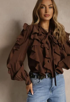 Brązowa Koszula z Wiskozą Zdobiona Falbanami i Wiązaniem przy Szyi Ravissa