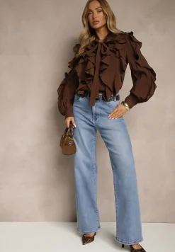 Brązowa Koszula z Wiskozą Zdobiona Falbanami i Wiązaniem przy Szyi Ravissa