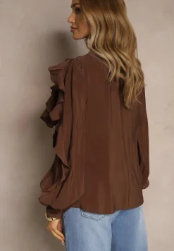 Brązowa Koszula z Wiskozą Zdobiona Falbanami i Wiązaniem przy Szyi Ravissa
