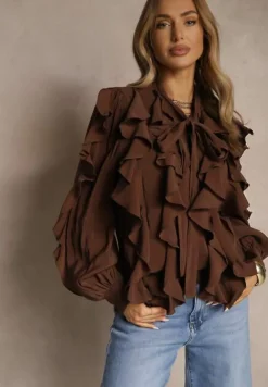 Brązowa Koszula z Wiskozą Zdobiona Falbanami i Wiązaniem przy Szyi Ravissa