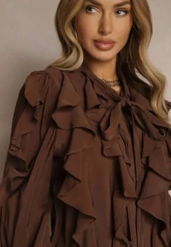 Brązowa Koszula z Wiskozą Zdobiona Falbanami i Wiązaniem przy Szyi Ravissa