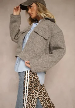 Brązowa Krótka Kurtka o Pudełkowym Kroju z Kołnierzykiem i Kieszeniami Nelilia