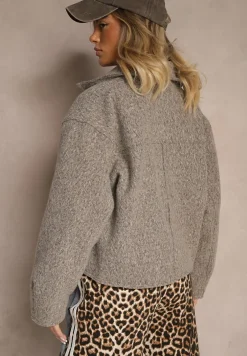 Brązowa Krótka Kurtka o Pudełkowym Kroju z Kołnierzykiem i Kieszeniami Nelilia