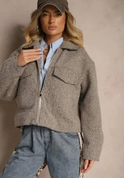 Brązowa Krótka Kurtka o Pudełkowym Kroju z Kołnierzykiem i Kieszeniami Nelilia