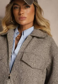 Brązowa Krótka Kurtka o Pudełkowym Kroju z Kołnierzykiem i Kieszeniami Nelilia