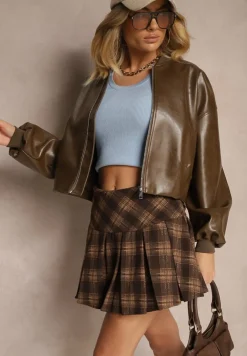 Brązowa Kurtka Bomberka z Wiskozą z Imitacji Skóry Erivessa