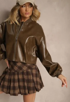 Brązowa Kurtka Bomberka z Wiskozą z Imitacji Skóry Erivessa