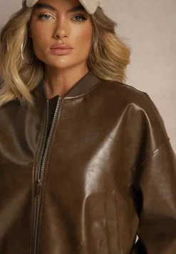 Brązowa Kurtka Bomberka z Wiskozą z Imitacji Skóry Erivessa