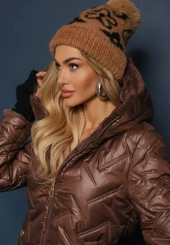 Brązowa Kurtka Mocno Ocieplona z Kapturem i Pikowanymi Przeszyciami Cenirina