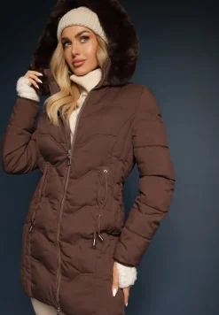Brązowa Kurtka o Fasonie Płaszcza z Pikowaniem i Futrzanym Kapturem Mavila