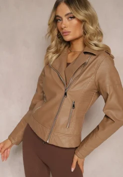 Brązowa Kurtka o Fasonie Ramoneski z Ekoskóry Ozdobiona Przeszyciami z Asymetrycznym Zapięciem Sativana