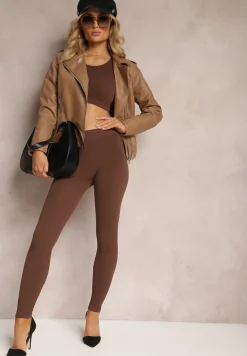 Brązowa Kurtka o Fasonie Ramoneski z Ekoskóry Ozdobiona Przeszyciami z Asymetrycznym Zapięciem Sativana