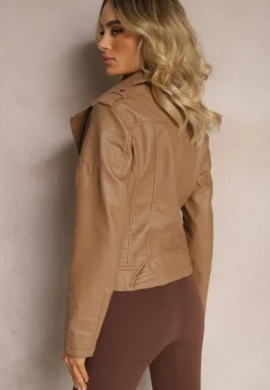 Brązowa Kurtka o Fasonie Ramoneski z Ekoskóry Ozdobiona Przeszyciami z Asymetrycznym Zapięciem Sativana