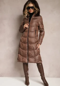 Brązowa Kurtka Płaszcz za Kolano z Pikowaniem i Odpinanym Kapturem Calarin