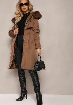 Brązowa Kurtka Płaszcz ze Ściągaczem i Kapturem z Ozdobnym Futerkiem Livieya