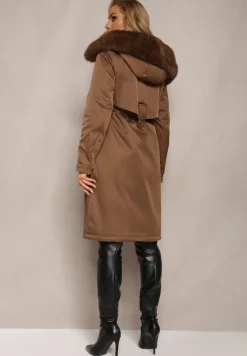 Brązowa Kurtka Płaszcz ze Ściągaczem i Kapturem z Ozdobnym Futerkiem Livieya