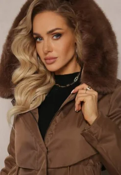 Brązowa Kurtka Płaszcz ze Ściągaczem i Kapturem z Ozdobnym Futerkiem Livieya