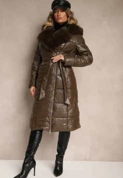 Brązowa Kurtka Pikowana Długa Płaszcz z Imitacji Skóry z Futerkiem Flechie