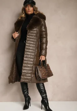 Brązowa Kurtka Pikowana Długa Płaszcz z Imitacji Skóry z Futerkiem Flechie
