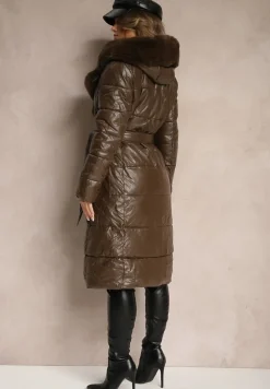 Brązowa Kurtka Pikowana Długa Płaszcz z Imitacji Skóry z Futerkiem Flechie