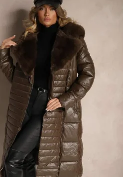 Brązowa Kurtka Pikowana Długa Płaszcz z Imitacji Skóry z Futerkiem Flechie