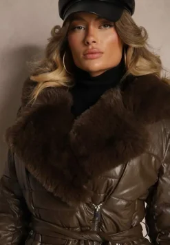 Brązowa Kurtka Pikowana Długa Płaszcz z Imitacji Skóry z Futerkiem Flechie