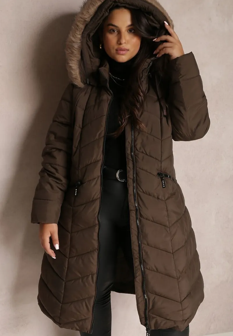 Brązowa Kurtka Pikowana z Futerkiem Lawanna