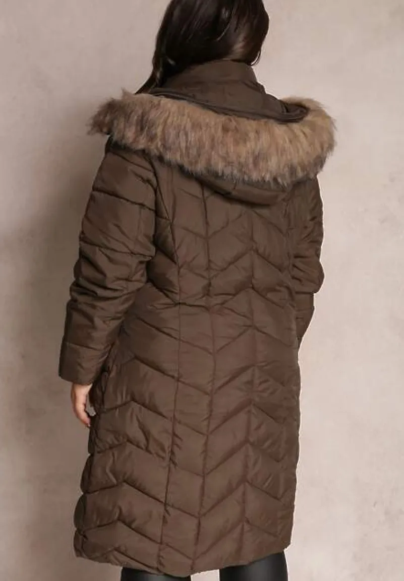 Brązowa Kurtka Pikowana z Futerkiem Lawanna