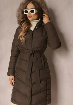 Brązowa Kurtka Pikowana z Paskiem Delione