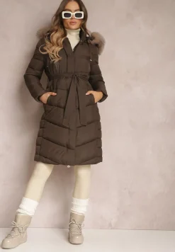 Brązowa Kurtka Pikowana z Paskiem Delione