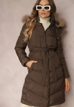 Brązowa Kurtka Pikowana z Paskiem Delione