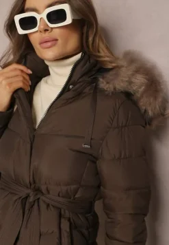 Brązowa Kurtka Pikowana z Paskiem Delione