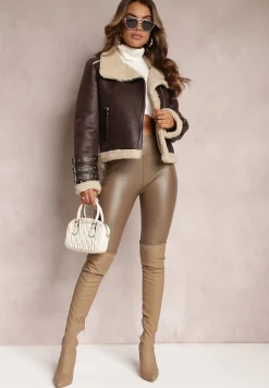 Brązowa Kurtka Pilotka z Kożuszkiem i Ozdobnymi Paskami Pellase