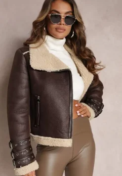 Brązowa Kurtka Pilotka z Kożuszkiem i Ozdobnymi Paskami Pellase