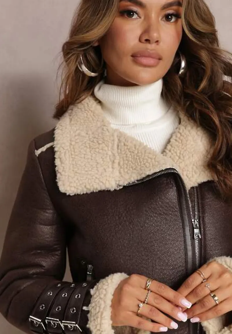 Brązowa Kurtka Pilotka z Kożuszkiem i Ozdobnymi Paskami Pellase