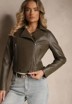 Brązowa Kurtka Ramoneska Ozdobiona Napami Iladiel