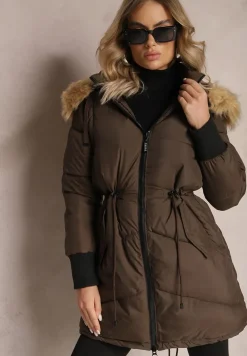 Brązowa Kurtka Taliowana z Kapturem i Odpinanymi Rękawami Raga