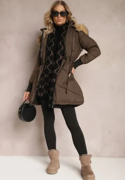 Brązowa Kurtka Taliowana z Kapturem i Odpinanymi Rękawami Raga